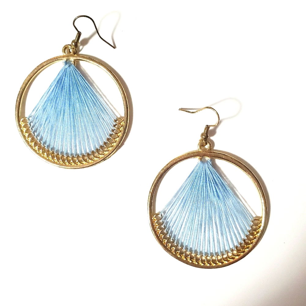 Golden & Powder Blue Threads Hoop Pierced Earrings  2"